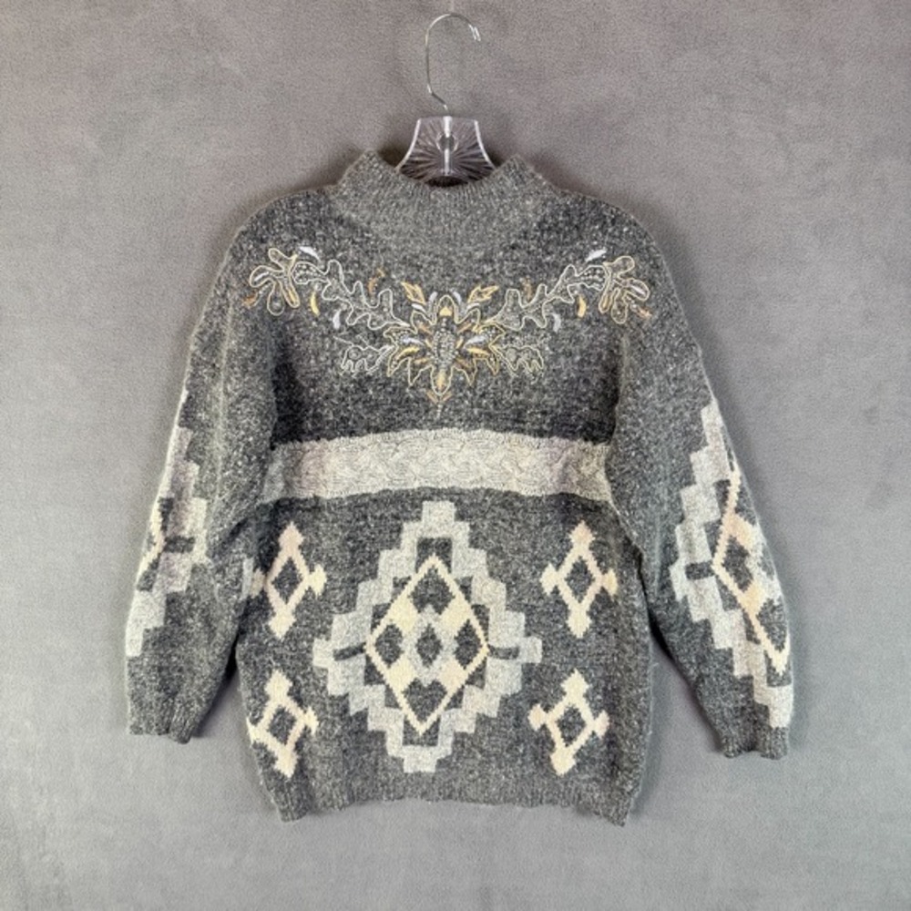 VTG‎ Santoria Womens Sweater Fall Aztec Floral Grandma 90s Silk Wool Angora